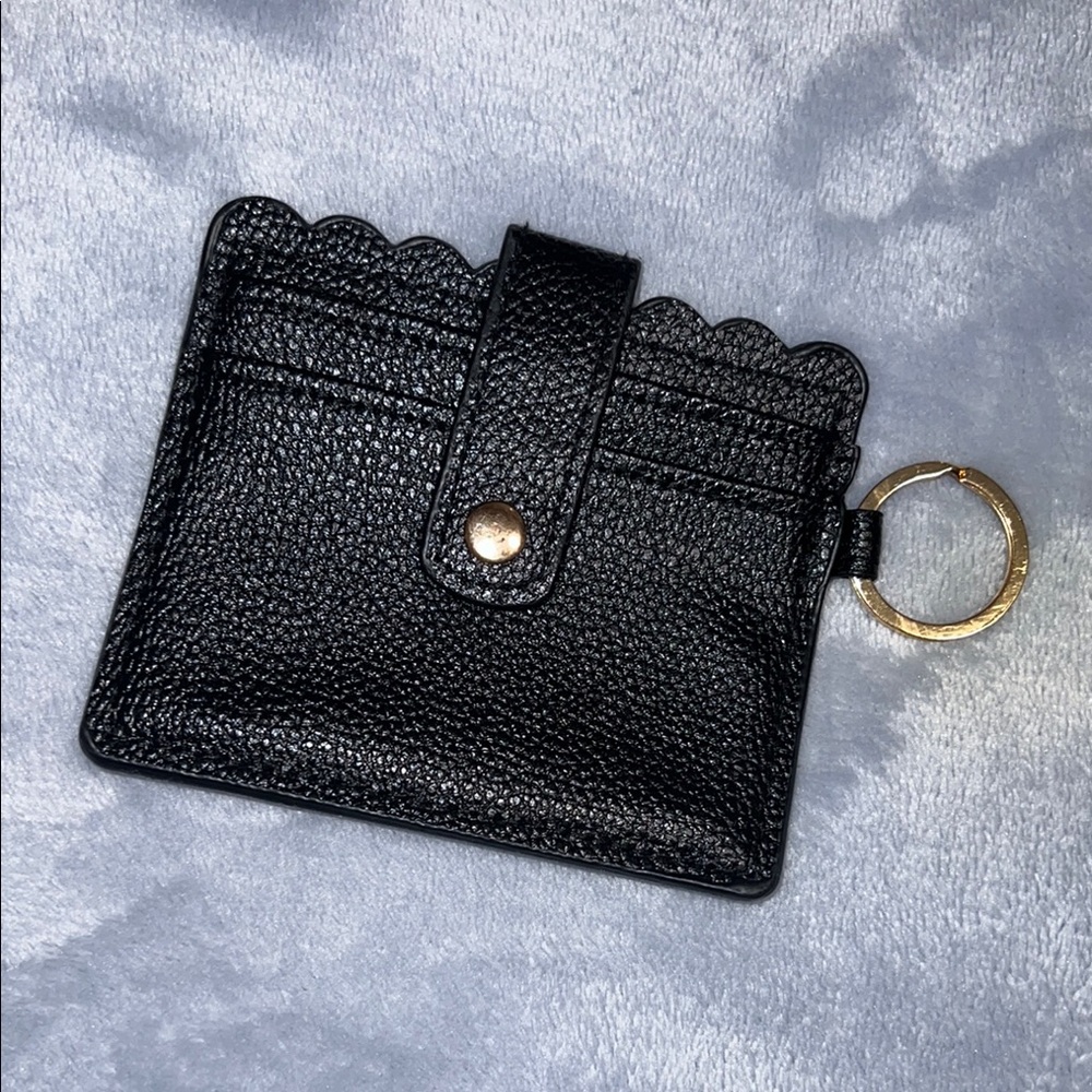 Black Pebbled Leather Card Holder with Scalloped Edge and Keyring